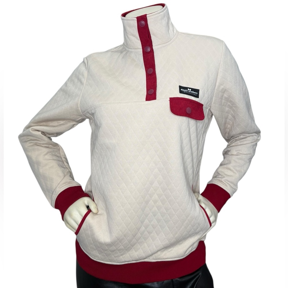 SIMPLY SOUTHERN Cream & Red Button Up Collar w/Pockets Pullover Sweatshirt, S